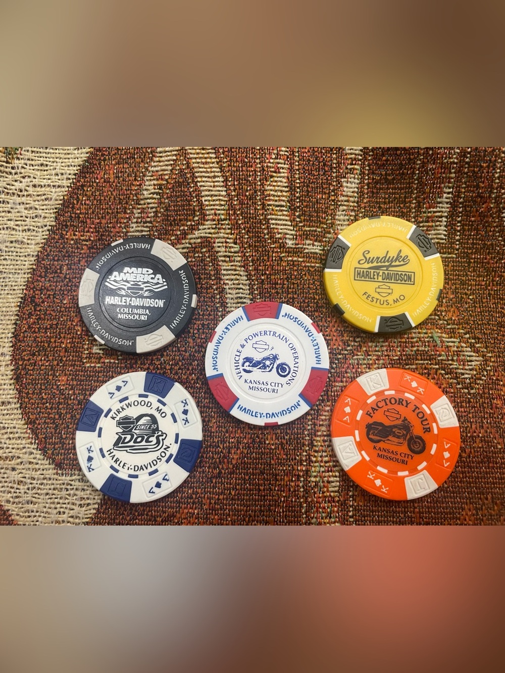 Lot of 5 Missouri Harley-Davidson Clay Poker Chips Festus Kansas City Columbia